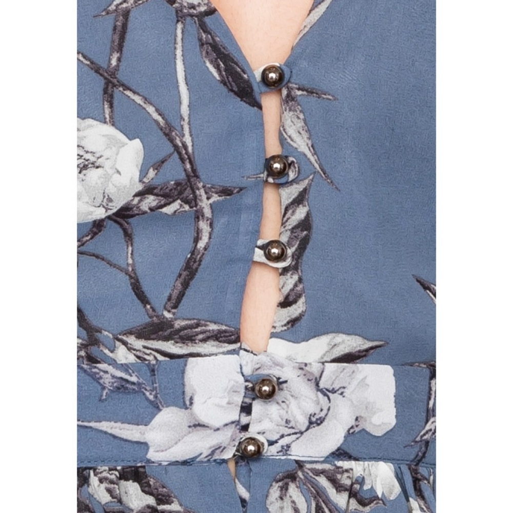 Last☝️ Blue Floral Open Back Button Babydoll Dress - Picture 6 of 7